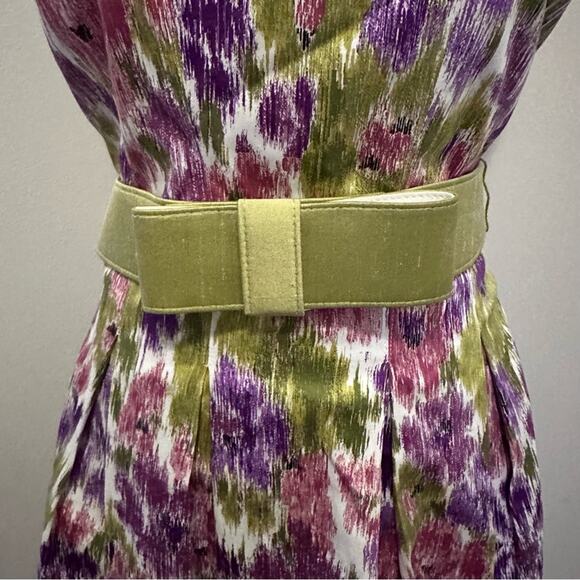 nwt Retro Floral Fit-n-flare Dress size US 0 Cotton Green Bow Belt - Picture 2 of 13